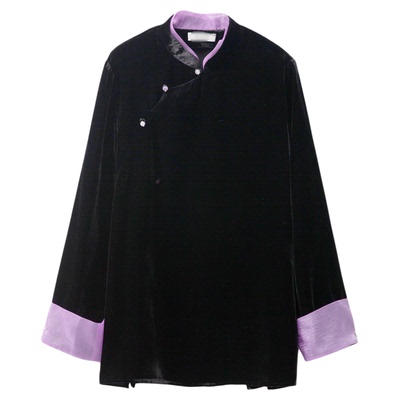 一丝牵真丝丝绒立领斜门襟上衣女桑蚕丝新中式欧根纱拼接挽袖衬衣