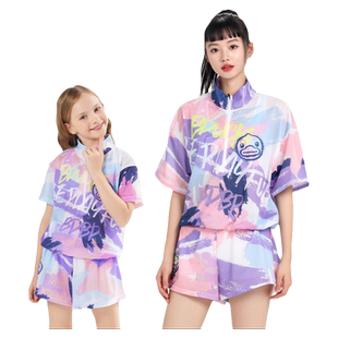 B.Duck亲子泳衣母女装短袖防晒遮肉保守泳装新款沙滩亲子泳衣女童