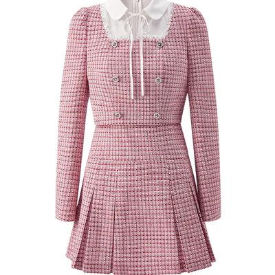 乐町小香风假两件连衣裙春季新款气质千金风年会裙红格纹连衣裙