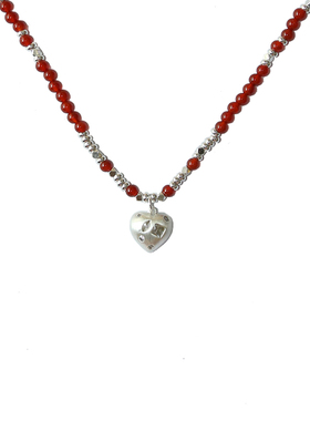 飒米红玛瑙镶嵌锆石爱心吊坠天然串珠项链气质新中式生日礼物