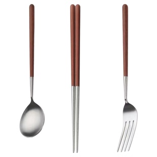 304不锈钢日式筷子叉子勺子个人专用复古套装家用甜品勺鸡翅木柄