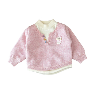 女童加德绒套头毛衣女宝宝假两件加绒加厚毛线衣小女孩洋气冬季潮