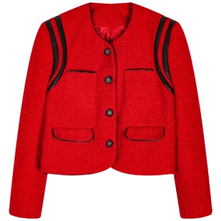 落落狷介红色短款小香风毛呢外套女加厚呢子外套设计感小众小个子