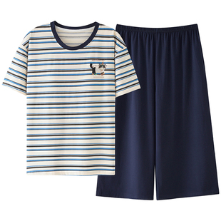 芬腾可安睡衣女款2026新款夏季纯棉女士短袖七分裤条纹家居服夏天