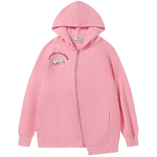 ANDREA MARTIN秋新款粉色不规则连帽拉链卫衣外套