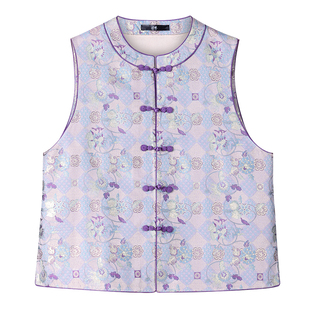 中国丝绸隆鹊[福寿三多]宋锦紫兰底对襟马甲新中式国风桑蚕丝马夹