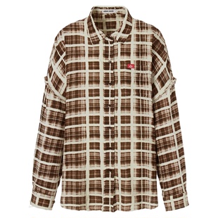 LEDIM WANG咖色格子衬衫女2026春季新款毛边纯棉阔版宽松长袖衬衣