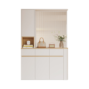 奶油风圆弧鞋柜家用门口隔断柜一体玄关柜玻璃屏风入户储物柜定制