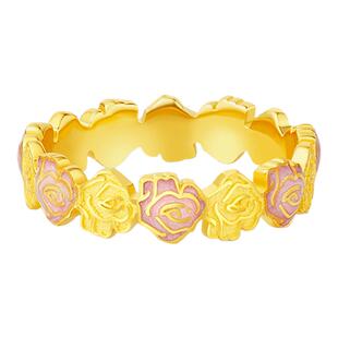 周大生莫奈联名|黄金戒指女5G足金玫瑰花珐琅手饰生日礼物送女友
