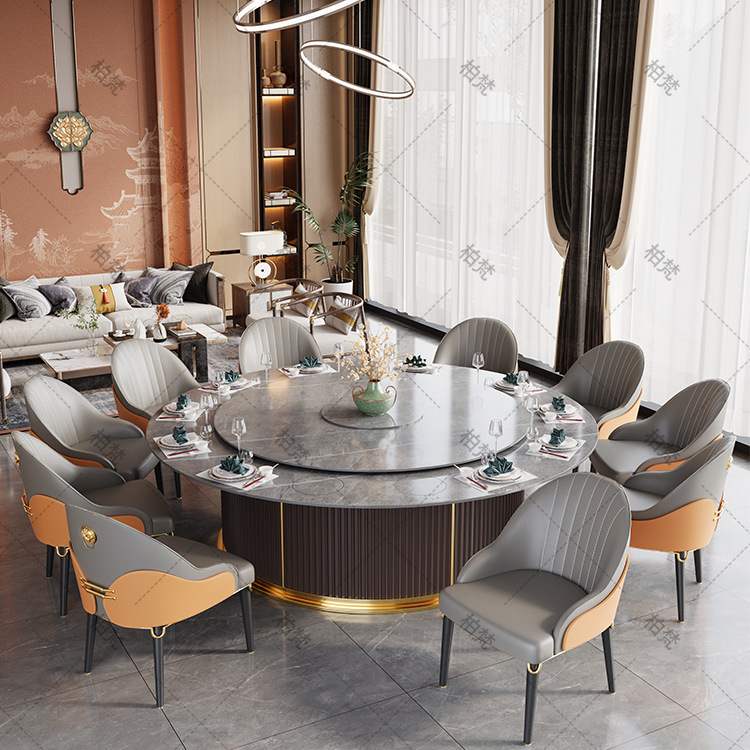 火锅桌子电磁炉一体大理石电动商用酒店会所饭店餐桌椅岩板大圆桌