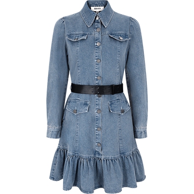 减龄衬衫领泡泡袖褶边牛仔连衣裙