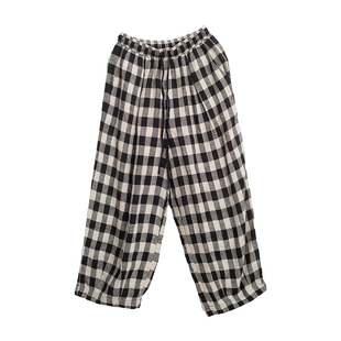 忘城H755座/黑白对弈/24春夏新款17支色织亚麻黑白格哈伦裤女裤