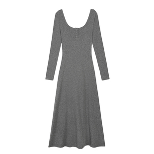 ousph【现货6折】黑色方领开口连衣裙女收腰显瘦包臀性感长袖裙子