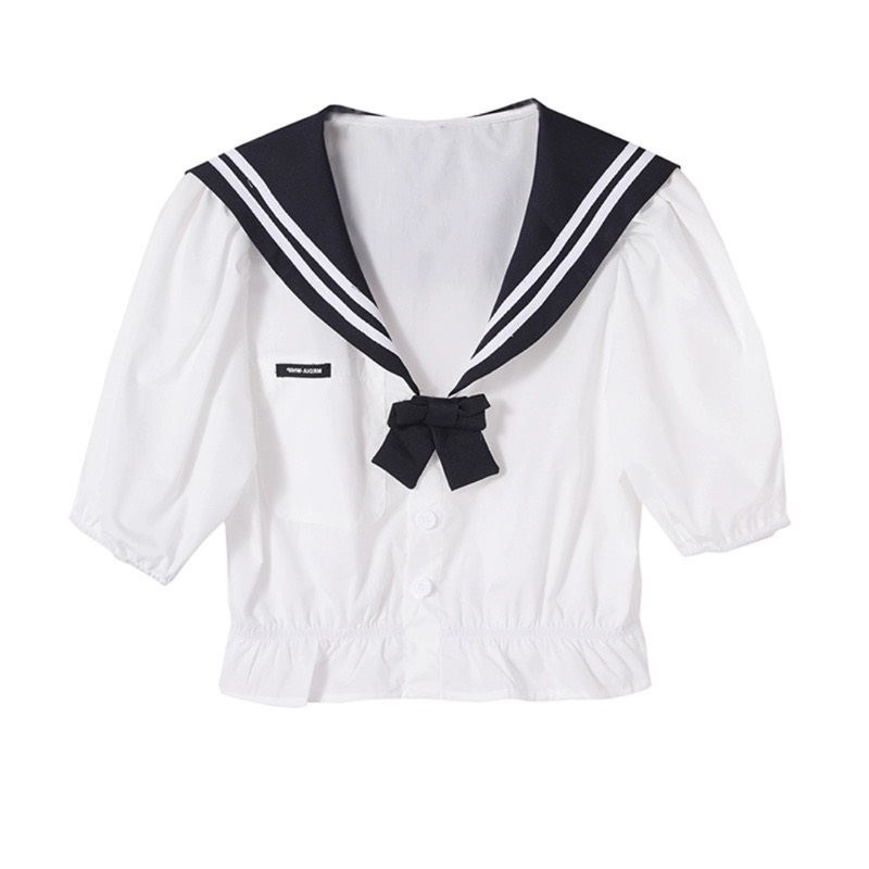 大码胖mm学院风海军领蝴蝶结收腰短款衬衫女夏辣妹jk衬衣制服套装