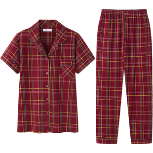 睡衣女夏季薄款纯棉短袖长裤两件套装格子夏天全棉家居服宽松红色