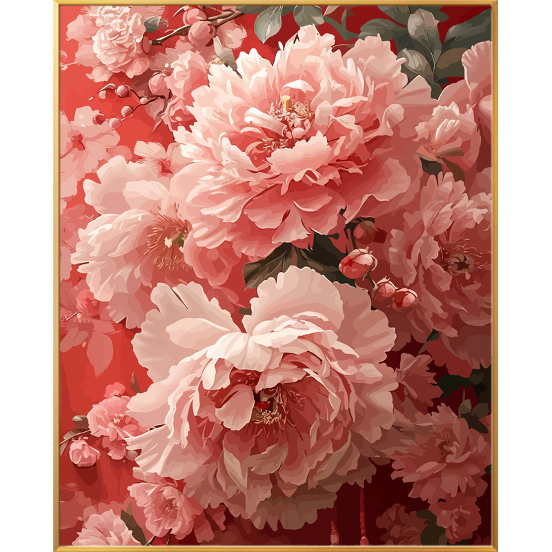 中国红国潮牡丹花卉数字油画diy填充画画填色油彩画手工涂色手绘
