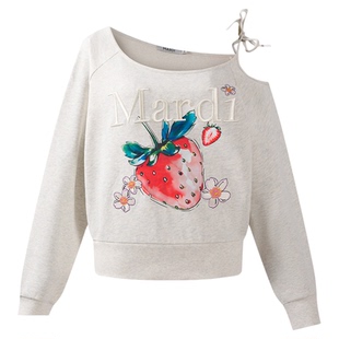 MARDI草莓卫衣女斜肩时尚套头露肩宽松设计休闲长袖上衣灰色少女