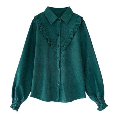 洋气灯芯绒衬衫女秋冬新款韩版修身宽松超仙的荷叶边加绒长袖上衣