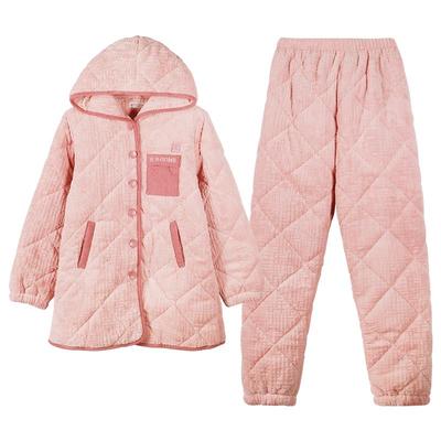 好波冬季女士抗寒保暖加厚睡衣男大码宽松连帽家居服可外穿HJ2488