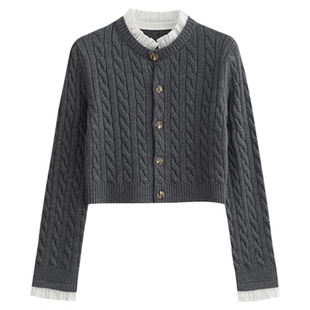 骄阳似我赵今麦聂曦光同款灰色木耳边领修身打底麻花针织毛衣开衫