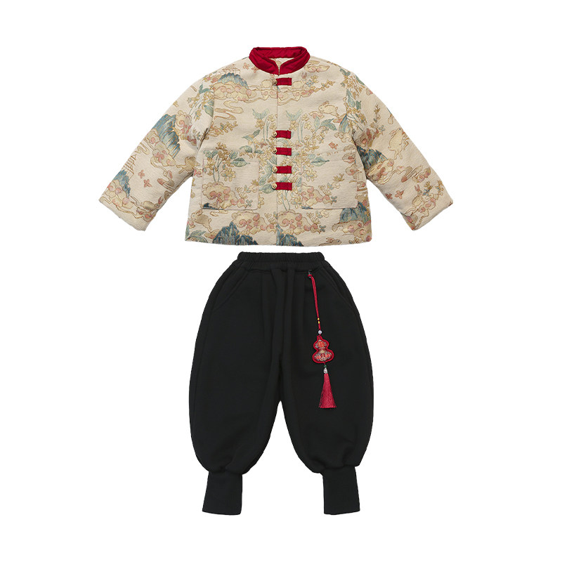 新中式国风小少爷唐装棉服套装男童喜庆拜年服幼儿园元旦表演汉服