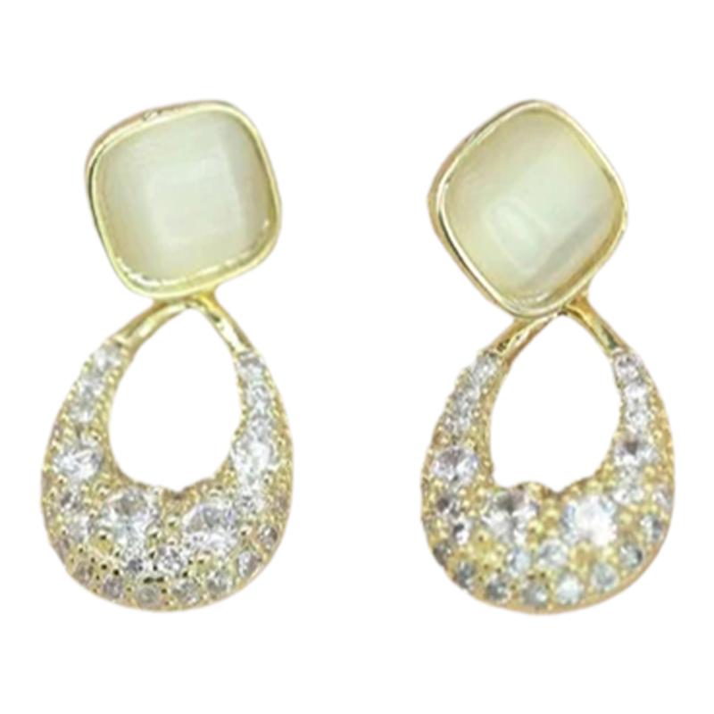 925银针满钻水滴耳环小众设计感猫眼石耳钉气质百搭时髦短款耳饰