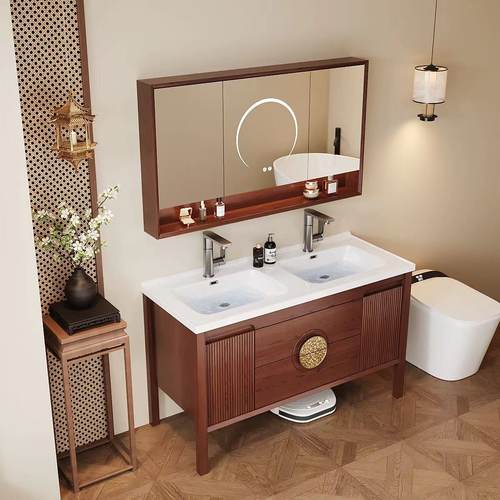 中式橡木浴室柜陶瓷一体盆2025新款落地式乌金木双盆洗手盆柜组合