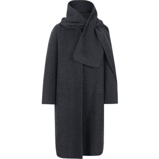 【真丝骆驼绒】灰色无领双面呢子大衣女2025冬季新款围巾羊毛外套