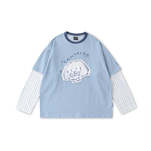 周深同款LAMLICKA假两件长袖T恤春秋季潮牌小狗贴布情侣圆领上衣