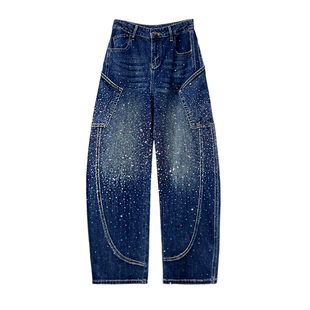 闪亮烫钻重工休闲牛仔弯刀裤女秋新款高腰宽松显瘦百搭直筒香蕉裤
