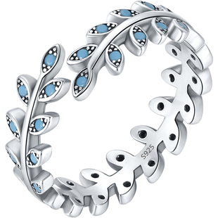 日韩S925纯银合成绿松石叶子戒指女简约轻奢百搭ins通勤风开口戒