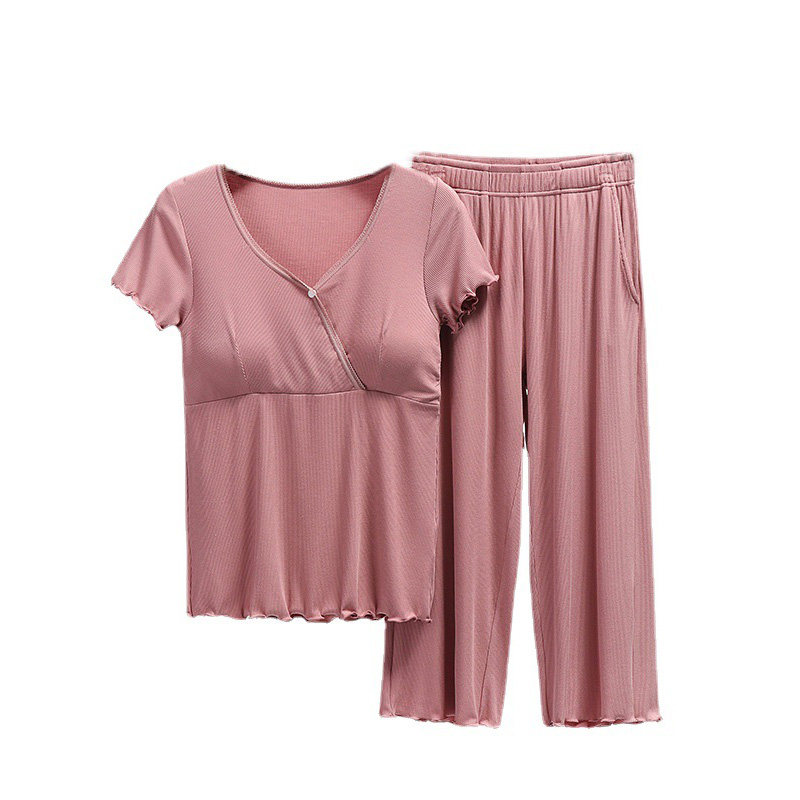 月子服夏薄款产后短袖七分裤孕妇莫代尔喂奶家居服套装哺乳衣睡衣
