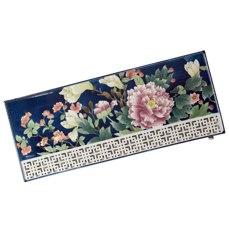 圣山青古釉青花五彩月夜牡丹茶盘
