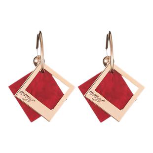 高级感气质大耳圈方块红色水晶耳环女2024年新款潮显脸瘦耳饰耳坠
