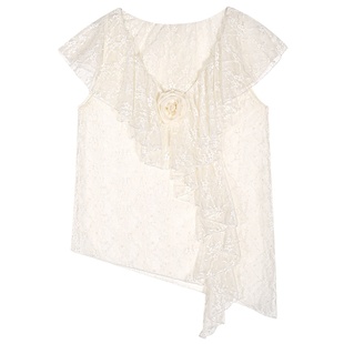 落落狷介 米白色女士初秋蕾丝上衣2025年新款设计感小众V领衬衫