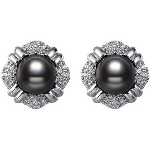 海蒂珠宝 夜影 8-9mm大溪地黑珍珠正圆耳钉 S925银复古款镶嵌耳饰