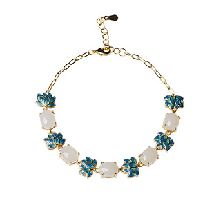 宫里上新和田玉手链女款天然正品珐琅莲花国风手饰生日礼物送妈妈