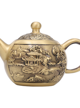 黄铜浮雕山水茶壶茶杯茶具套装