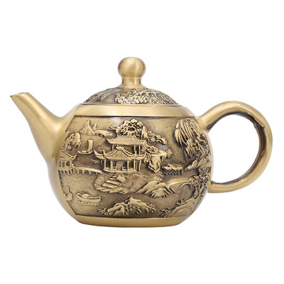 黄铜浮雕山水茶壶茶杯茶具套装