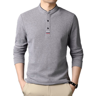 秋装纯棉中年长袖T恤男小立领宽松休闲纯色爸爸装上衣全棉体恤衫