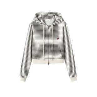 樱桃KIRSH 韩系条纹卫衣开衫外套女2026新款休闲连帽短款拉链卫衣