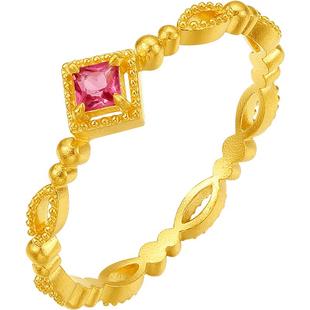 T周六福5G足金戒指女复古新中式vintage黄金镶嵌碧玺彩宝新年礼物