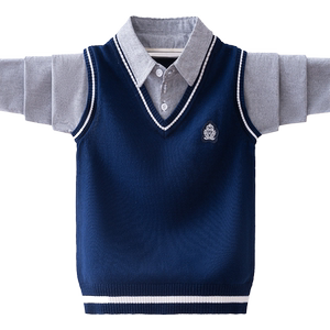 男童假两件衬衫领毛衣秋冬加绒加厚儿童套头中大童男孩菱形打底衫