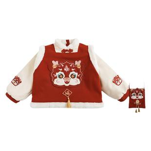 幼悠冬季加厚男童龙娃刺绣贴标毛绒撞色拼接假两件年服卫衣新年装