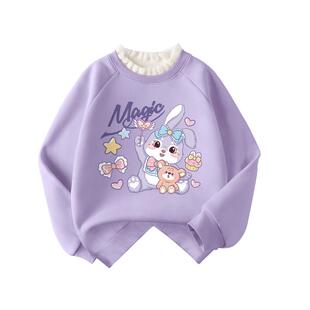 拉夏贝尔女童加绒卫衣女孩2026新款冬季打底衫儿童薄绒保暖上衣紫