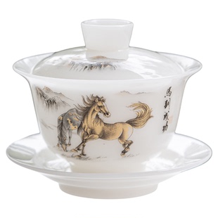 高档冰种玉瓷三才敬茶白色陶瓷盖碗马到成功茶具防烫手泡茶碗茶杯