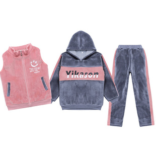 女童秋冬金丝绒套装双面加绒运动服休闲中大童马甲连帽卫衣三件厚