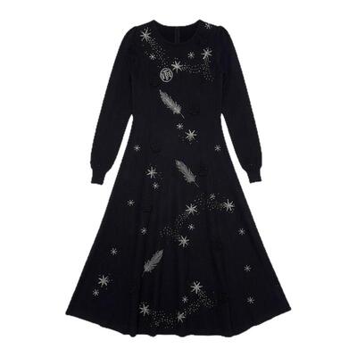 TCH气质优雅风烫钻钻羽毛收腰A字中长款黑色连衣裙女T78A30E1019