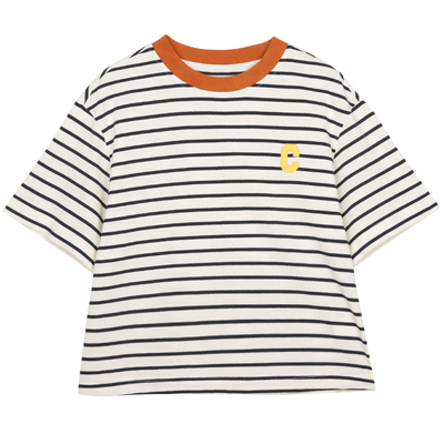 CLOUDSPACE女装米黑条纹撞色T恤夏季新款设计感短袖t恤