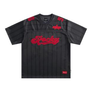 ROCKYROAD童装美式复古刺绣黑色短袖V领高街球衣拼接长袖T恤